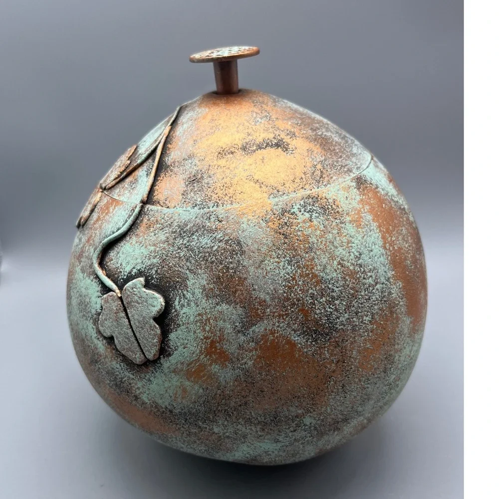Folk‎ Art Lidded Gourd Vessel verdigris-like painted finish leaf embellishments